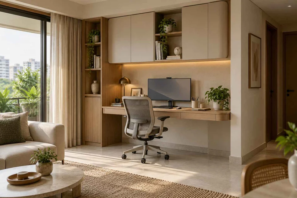 AI-generated home office concept: living wall desk niche, quiet contemporary direction