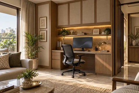 AI-generated home office concept: living wall desk niche, quiet transitional direction