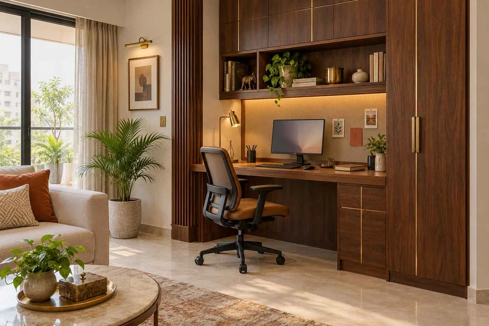 AI-generated home office concept: living wall desk niche, rosewood brass direction
