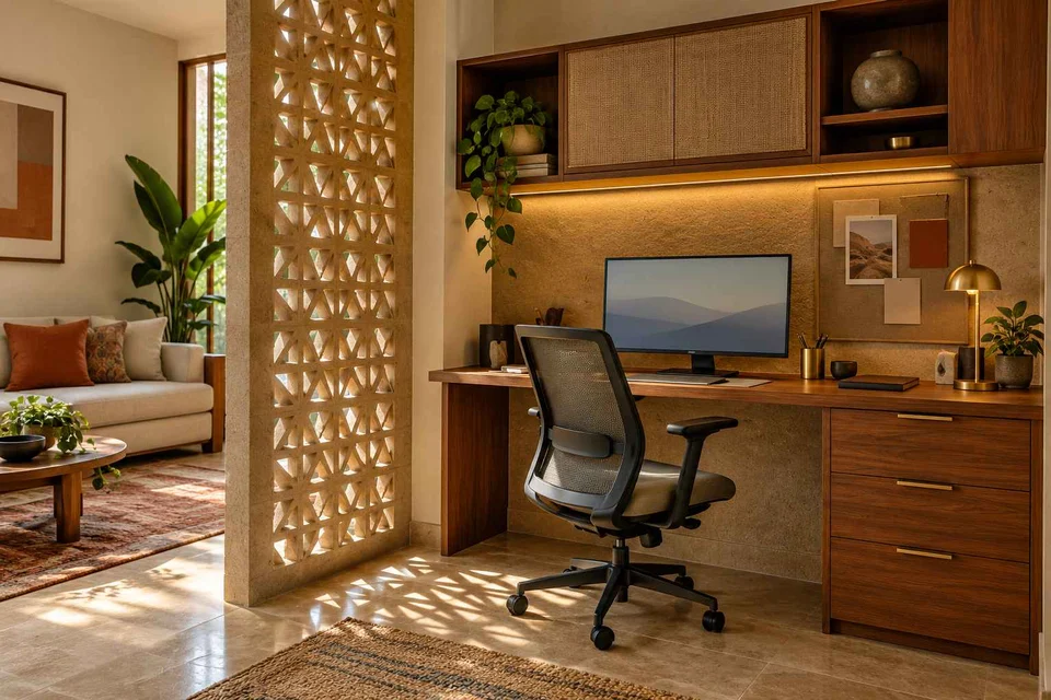 AI-generated home office concept: living wall desk niche, sandstone lattice direction