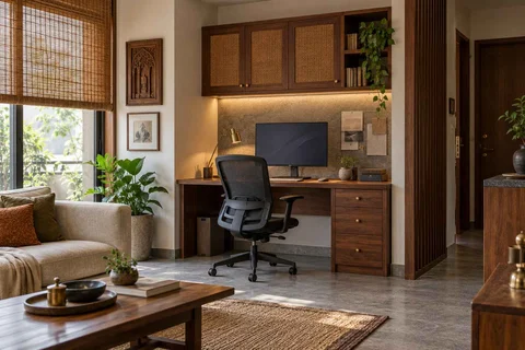 AI-generated home office concept: living wall desk niche, teak craft direction