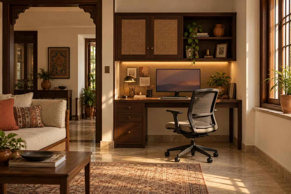 AI-generated home office concept: living wall desk niche, terracotta heritage direction