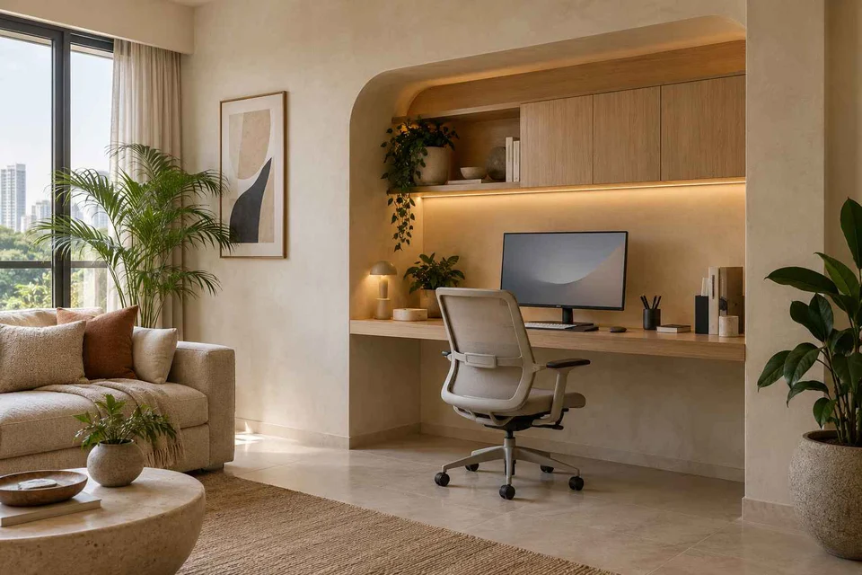 AI-generated home office concept: living wall desk niche, textured mineral direction