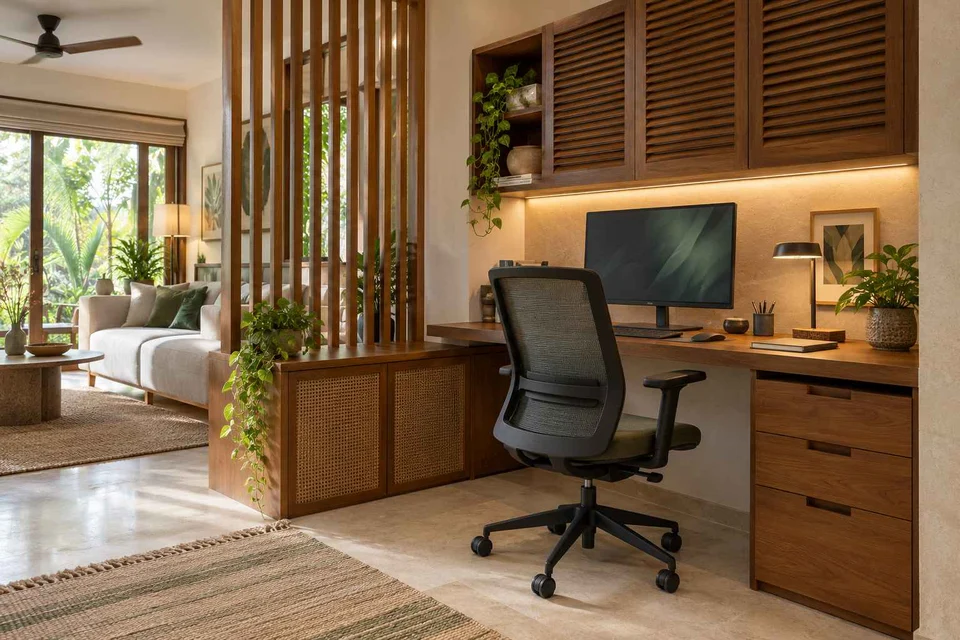 AI-generated home office concept: living wall desk niche, tropical slatted direction