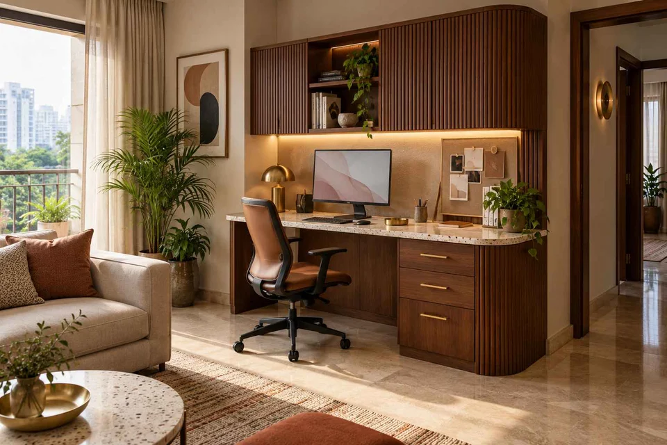AI-generated home office concept: living wall desk niche, urban deco direction