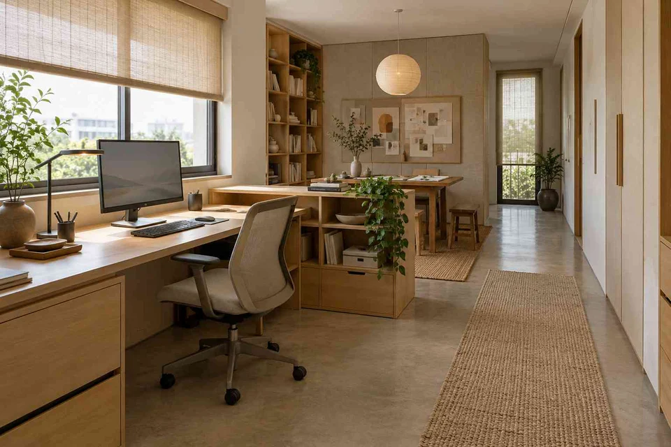 AI-generated home office concept: long home workroom, ash and linen direction