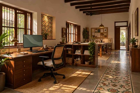 AI-generated home office concept: long home workroom, chettinad tile direction