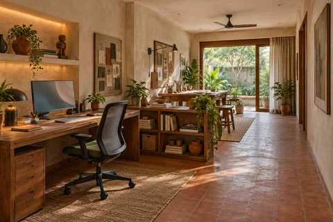 AI-generated home office concept: long home workroom, clay artisan direction