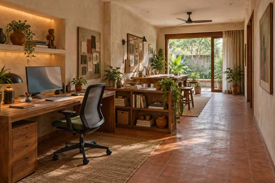 AI-generated home office concept: long home workroom, clay artisan direction