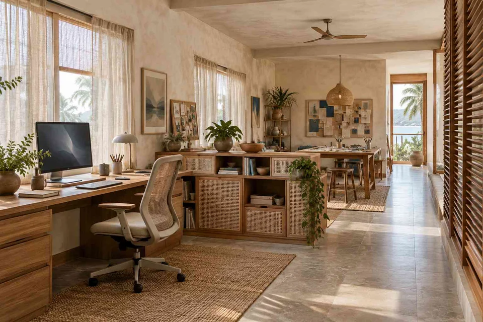 AI-generated home office concept: long home workroom, coastal woven direction