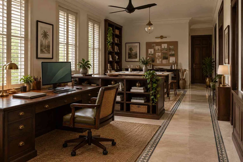 AI-generated home office concept: long home workroom, colonial quiet direction