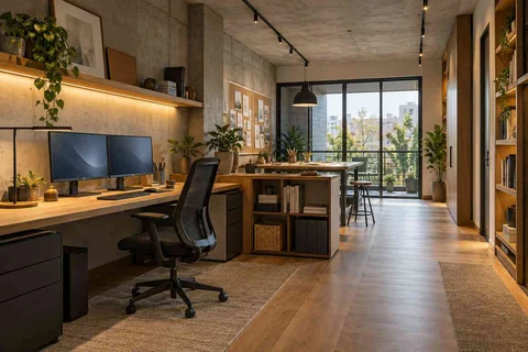 AI-generated home office concept: long home workroom, concrete and oak direction