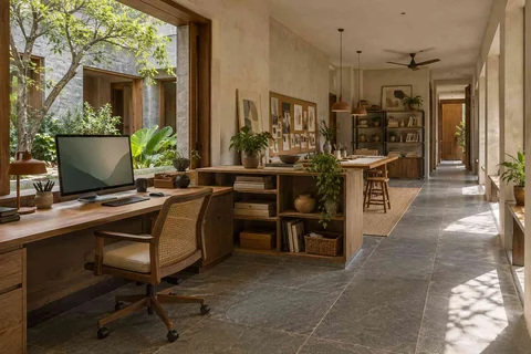 AI-generated home office concept: long home workroom, courtyard modern direction