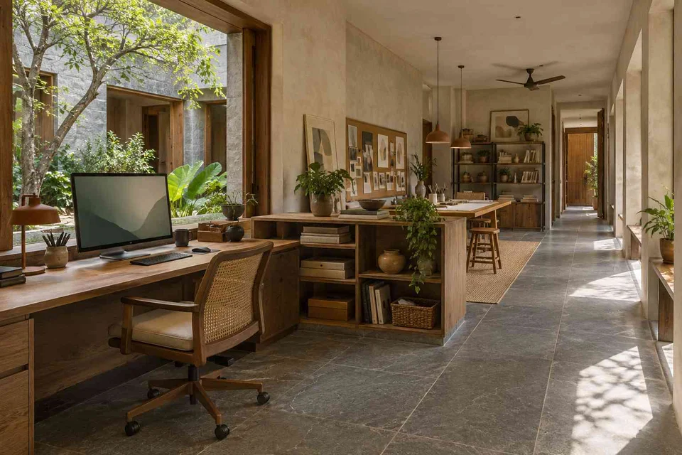 AI-generated home office concept: long home workroom, courtyard modern direction