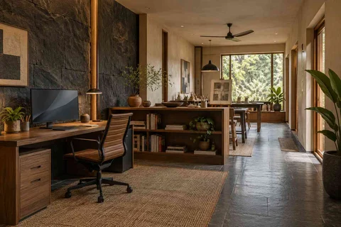 AI-generated home office concept: long home workroom, deccan stone direction