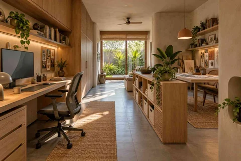 AI-generated home office concept: long home workroom, earth and bamboo direction