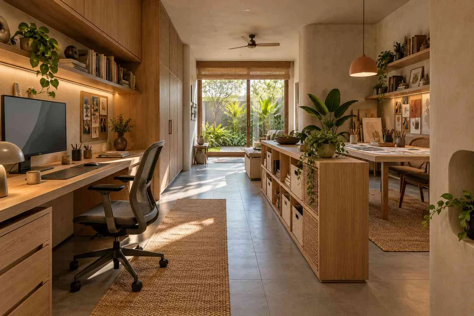 AI-generated home office concept: long home workroom, earth and bamboo direction
