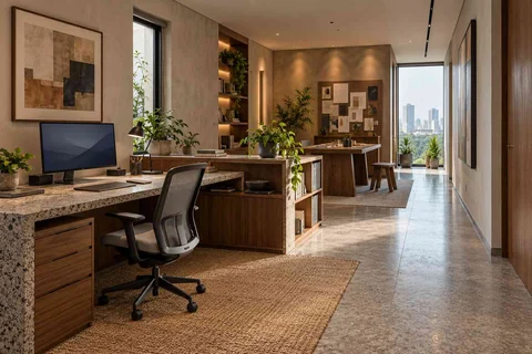 AI-generated home office concept: long home workroom, granite precision direction