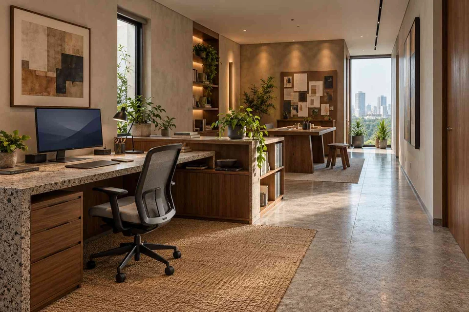 AI-generated home office concept: long home workroom, granite precision direction