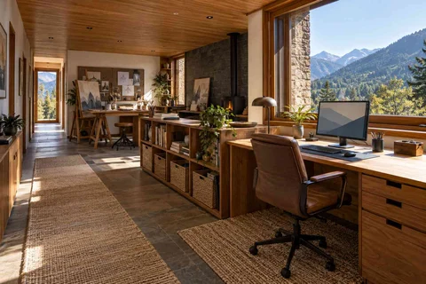 AI-generated home office concept: long home workroom, hill timber direction