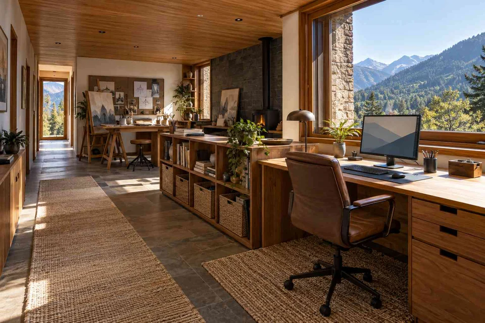 AI-generated home office concept: long home workroom, hill timber direction