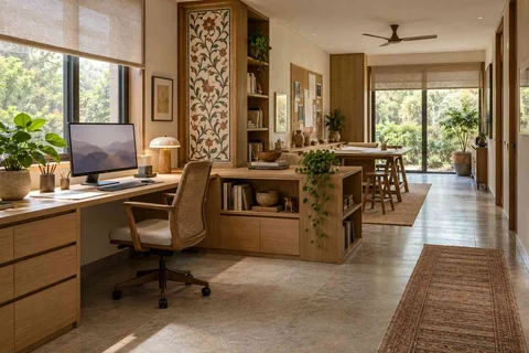 AI-generated home office concept: long home workroom, inlay atelier direction