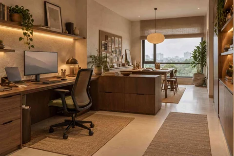 AI-generated home office concept: long home workroom, lime and walnut direction
