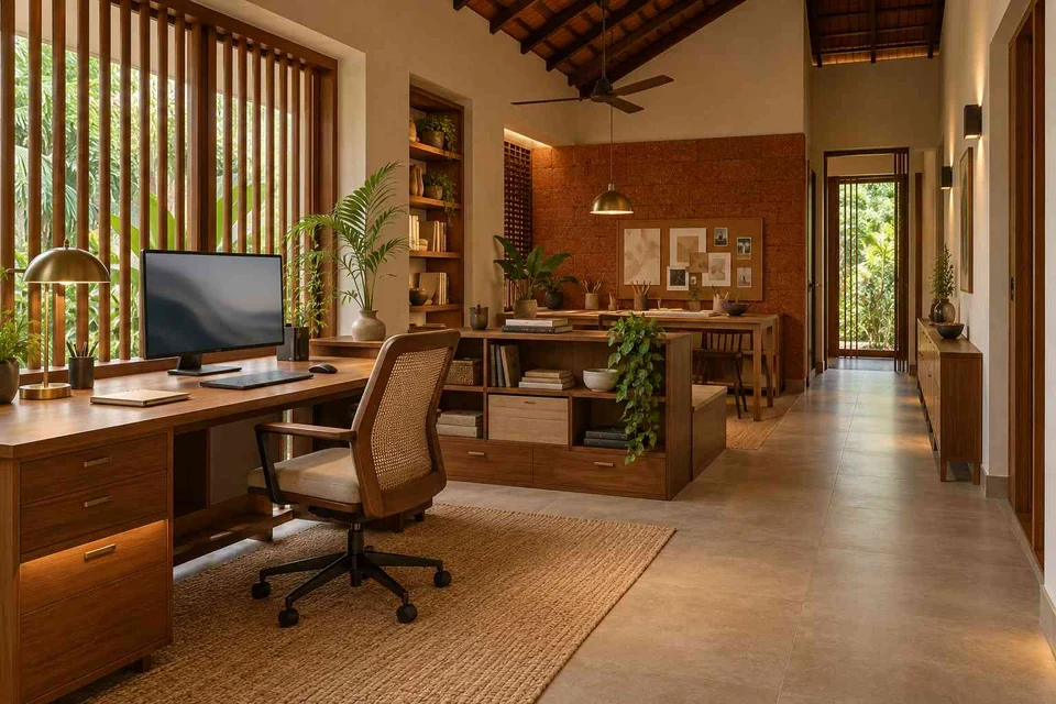 AI-generated home office concept: long home workroom, malabar timber direction