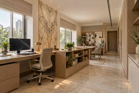 AI-generated home office concept: long home workroom, marble restraint direction