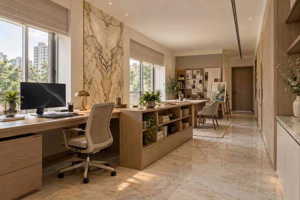 AI-generated home office concept: long home workroom, marble restraint direction