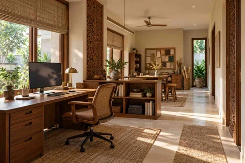 AI-generated home office concept: long home workroom, modern carved direction