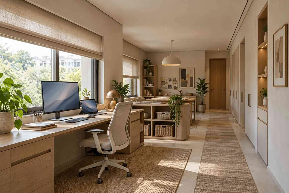 AI-generated home office concept: long home workroom, quiet contemporary direction