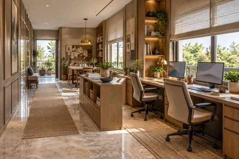 AI-generated home office concept: long home workroom, quiet transitional direction