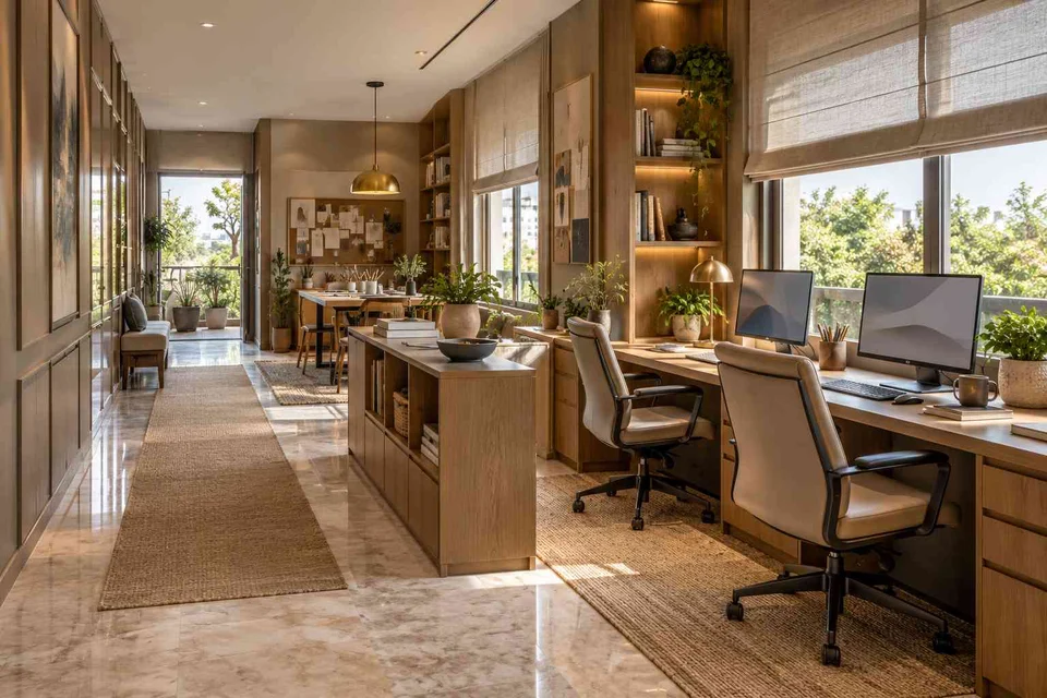 AI-generated home office concept: long home workroom, quiet transitional direction