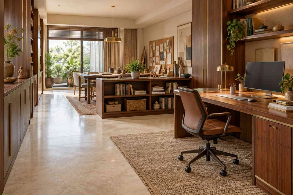 AI-generated home office concept: long home workroom, rosewood brass direction