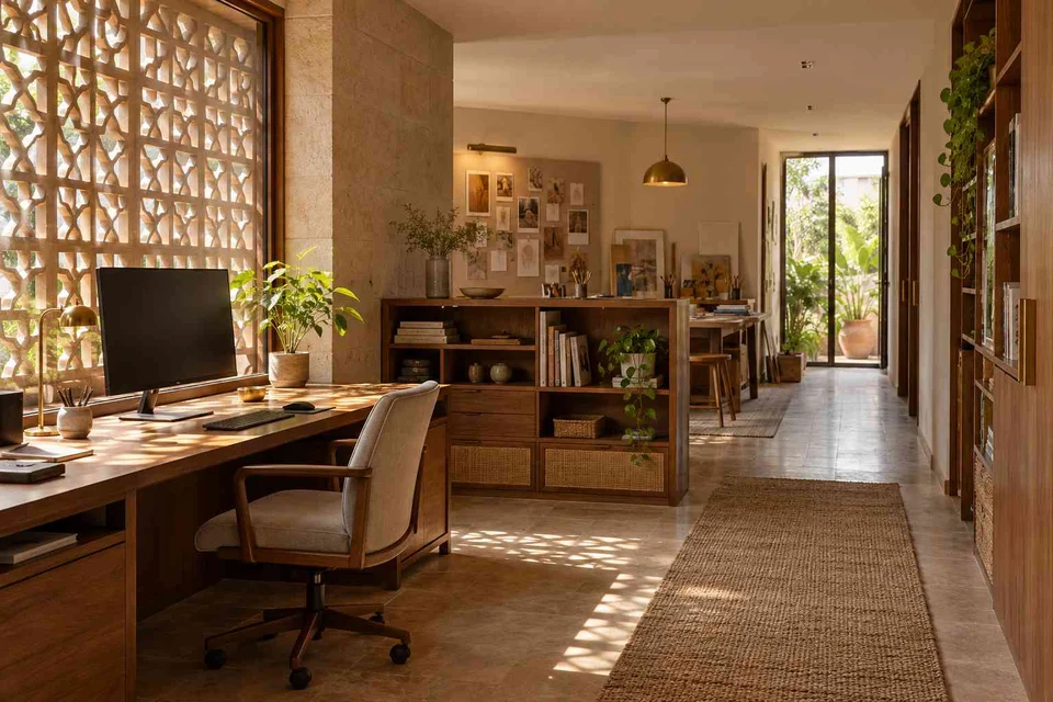 AI-generated home office concept: long home workroom, sandstone lattice direction