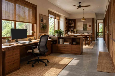 AI-generated home office concept: long home workroom, teak craft direction