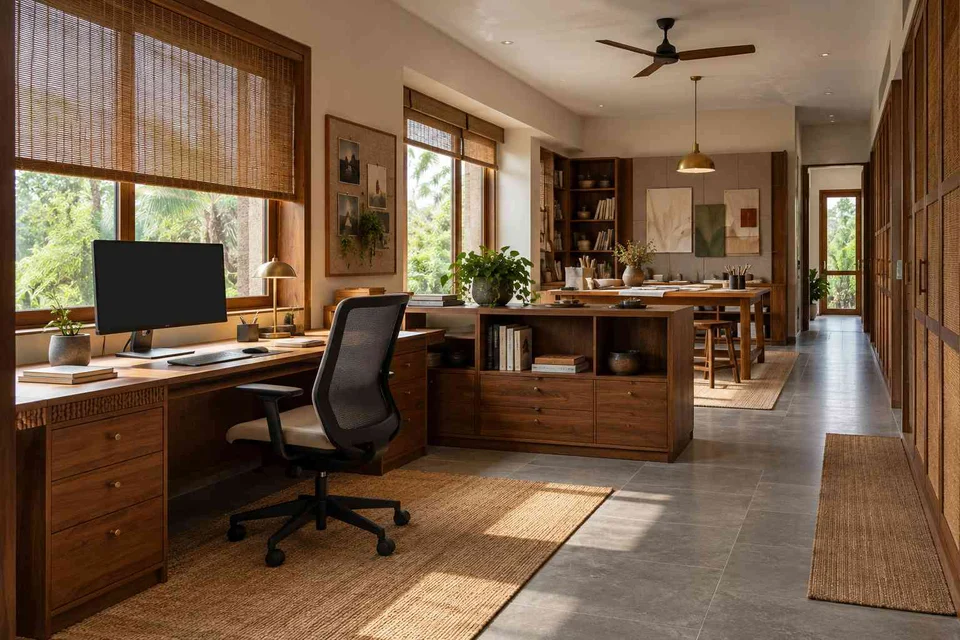 AI-generated home office concept: long home workroom, teak craft direction