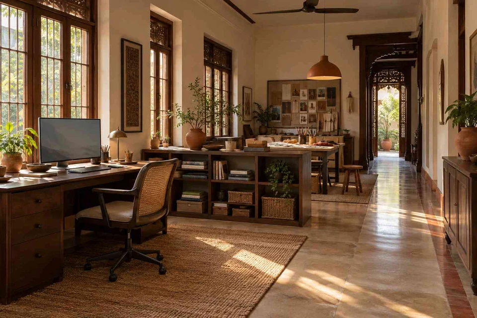AI-generated home office concept: long home workroom, terracotta heritage direction