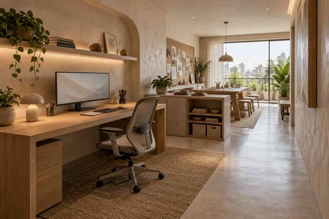 AI-generated home office concept: long home workroom, textured mineral direction