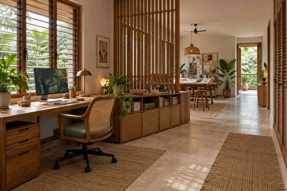 AI-generated home office concept: long home workroom, tropical slatted direction
