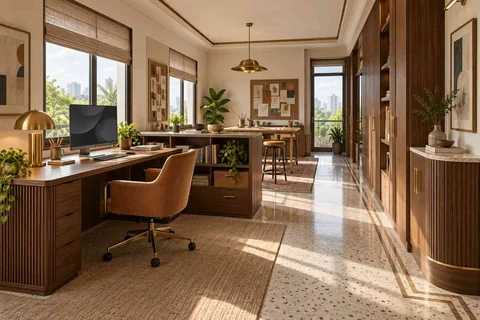 AI-generated home office concept: long home workroom, urban deco direction