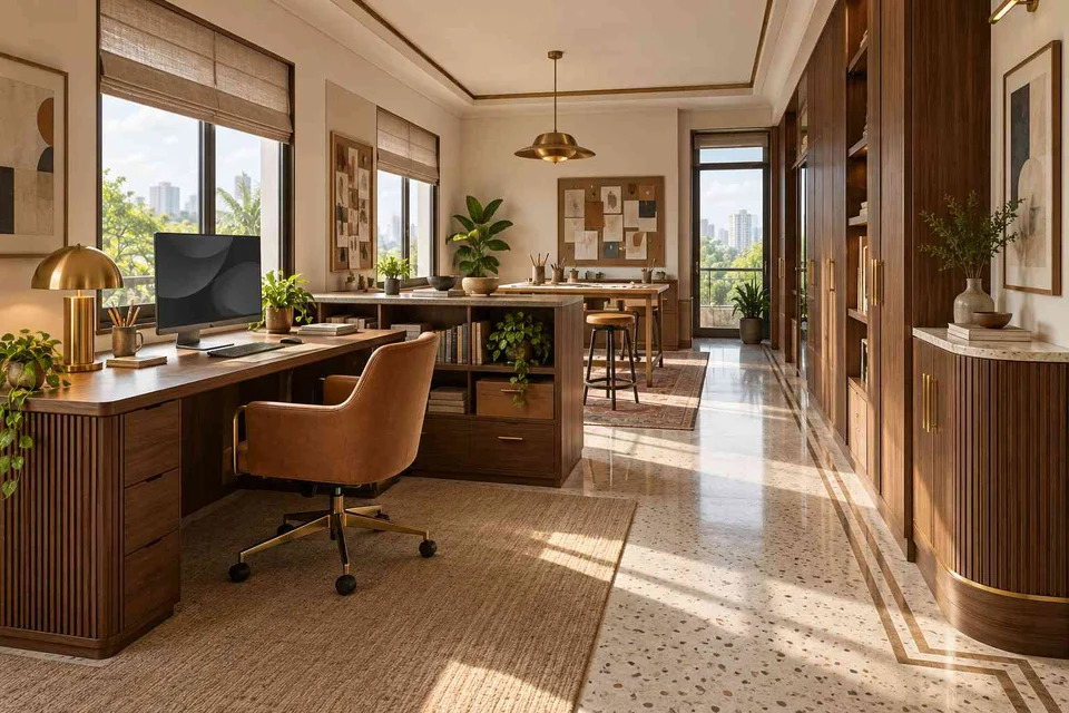 AI-generated home office concept: long home workroom, urban deco direction