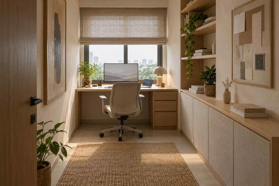 AI-generated home office concept: narrow room office, ash and linen direction