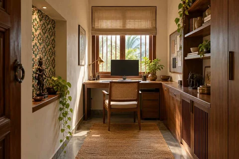 AI-generated home office concept: narrow room office, chettinad tile direction