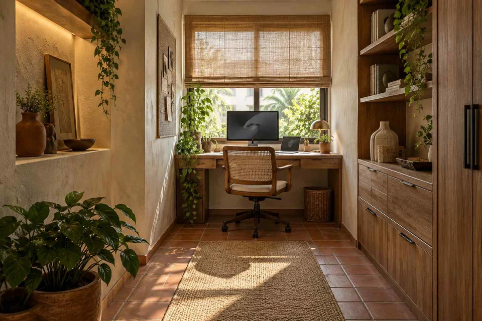 AI-generated home office concept: narrow room office, clay artisan direction