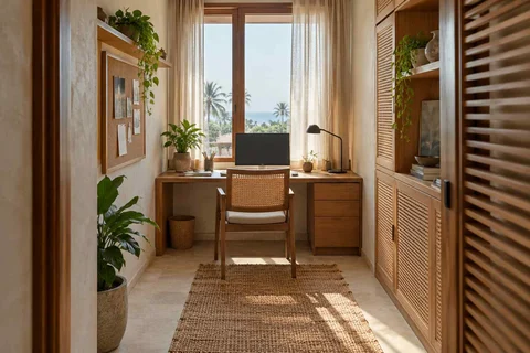 AI-generated home office concept: narrow room office, coastal woven direction