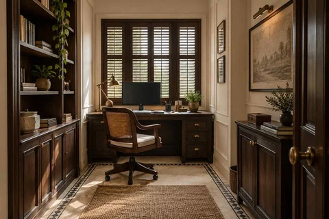 AI-generated home office concept: narrow room office, colonial quiet direction