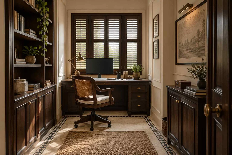 AI-generated home office concept: narrow room office, colonial quiet direction