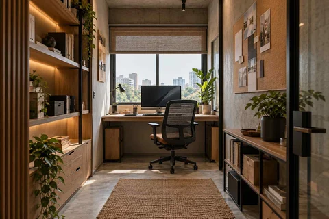 AI-generated home office concept: narrow room office, concrete and oak direction